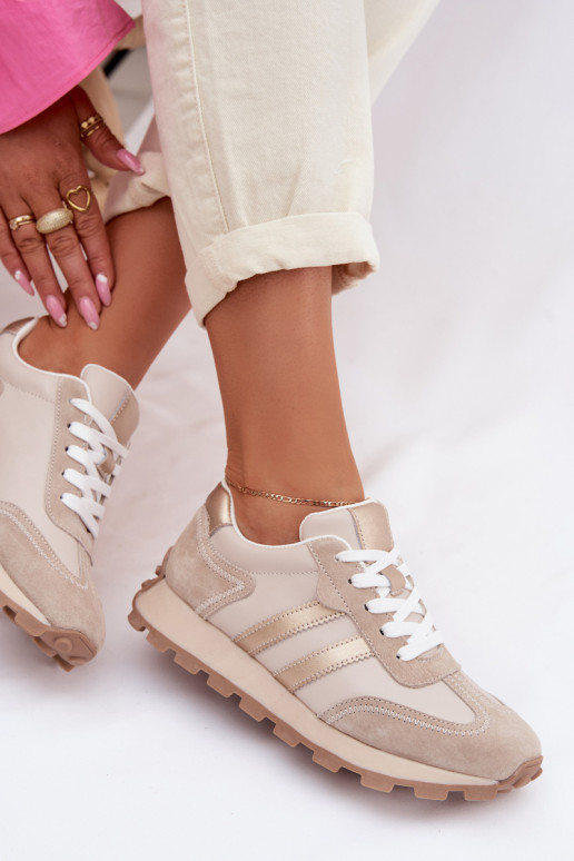 Leer Sneakers model schoenen Dames met platform S.Barski LR61-7096 beige