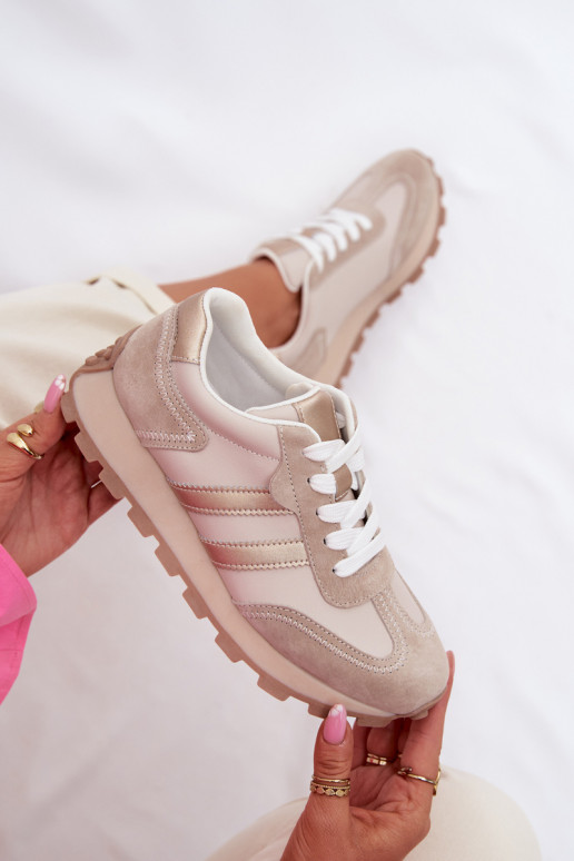 Leer Sneakers model schoenen Dames met platform S.Barski LR61-7096 beige