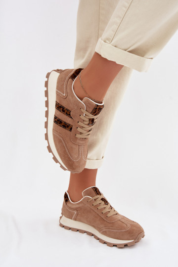 van suède Sneakers model schoenen Dames met platform met luipaardbontpatronen S.Barski LR61-7071 bruine kleur