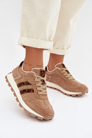 van suède Sneakers model schoenen Dames met platform met luipaardbontpatronen S.Barski LR61-7071 bruine kleur 2