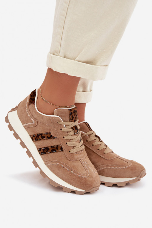 van suède Sneakers model schoenen Dames met platform met luipaardbontpatronen S.Barski LR61-7071 bruine kleur