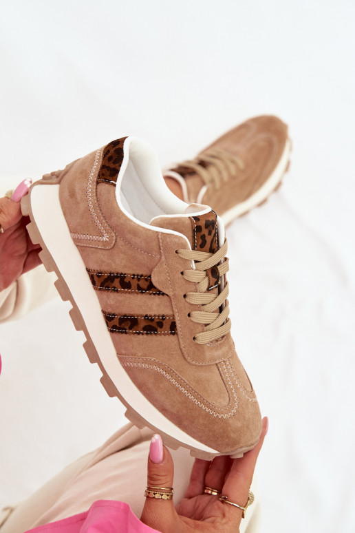 van suède Sneakers model schoenen Dames met platform met luipaardbontpatronen S.Barski LR61-7071 bruine kleur