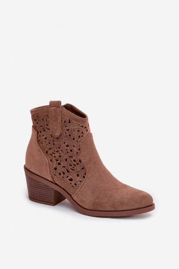 Geperforeerde cowboy-stijl enkellaarsjes voor dames met hakken S.Barski HY61-8012 in bruine kleur 2
