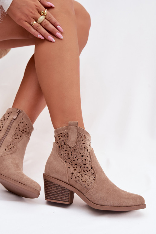 Dames opengewerkte cowboy-stijl enkellaarsjes met hakken S.Barski HY61-8012, zandkleur