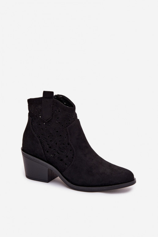 Ażurowe dames cowboy stijl enkellaarsjes met hakken S.Barski HY61-8012 zwarte kleur