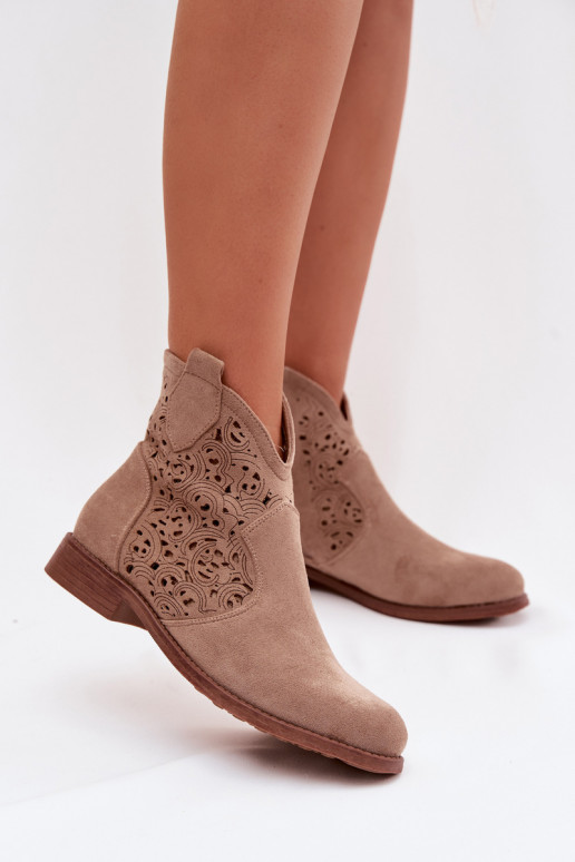 Ażurowe dames enkellaarsjes met brede hakken S.Barski HY61-8026 zandkleur