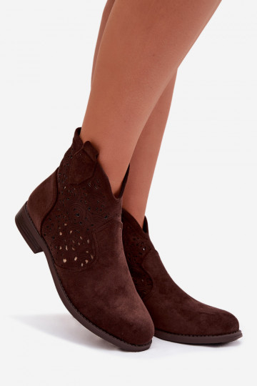 Ażurowe dames enkellaarsjes met brede hakken S.Barski HY61-8026 chocolade kleur 2