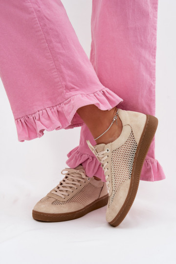 Suède dames sneakers in sportieve stijl met net Zazoo N1142 in zandkleur