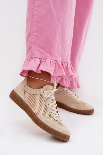 Suède dames sneakers in sportieve stijl met net Zazoo N1142 in zandkleur 2