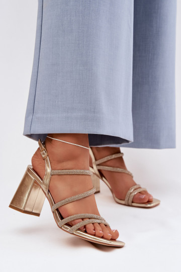 Dames hoge hak sandalen met bandjes en zirconia in gouden kleur Brelia 2