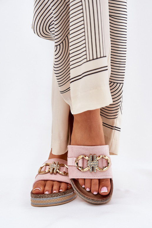 Damespantoffels met platform met glans I Złotą Ozdobą roze Rilirea