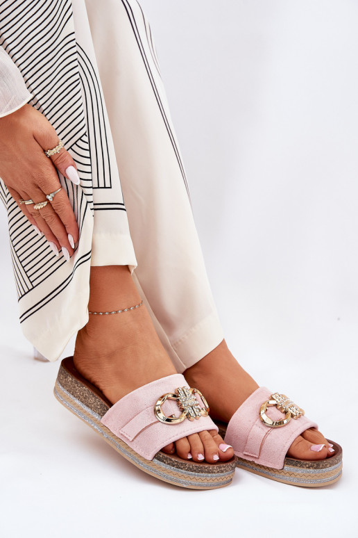 Damespantoffels met platform met glans I Złotą Ozdobą roze Rilirea