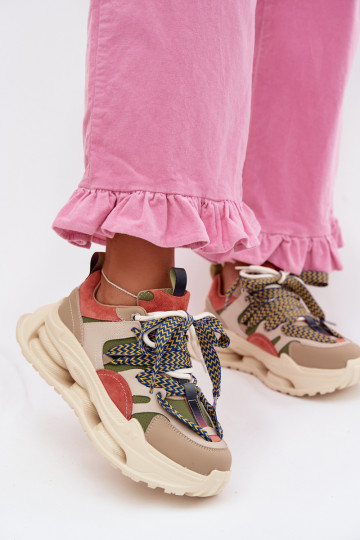 Leren dames sneakers met platform D&A CR61-3133 in zand kleur
