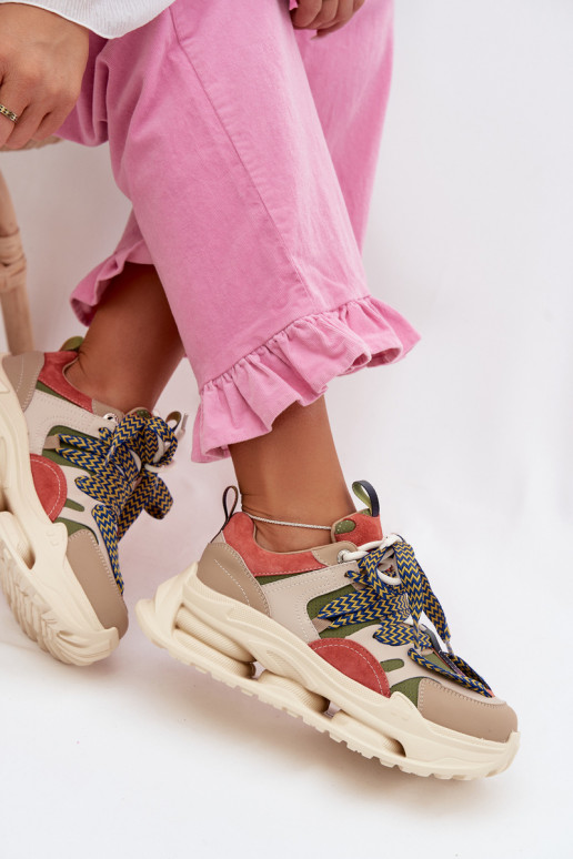 Leer Sneakers model schoenen Dames met platform D&A CR61-3133 beige