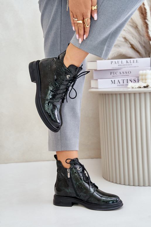 Leer met lakeffect Dameslaarzen opInarmen Opar het kasteel D&A LZ42-042 kaki kleuren