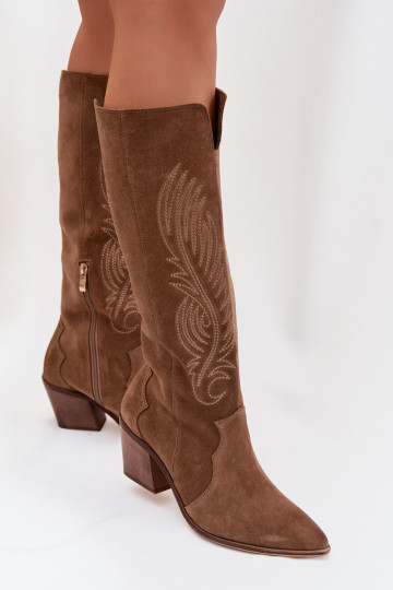 van suède Leer laarzen coInboystijl met hakken Zazoo 3152 beige 2