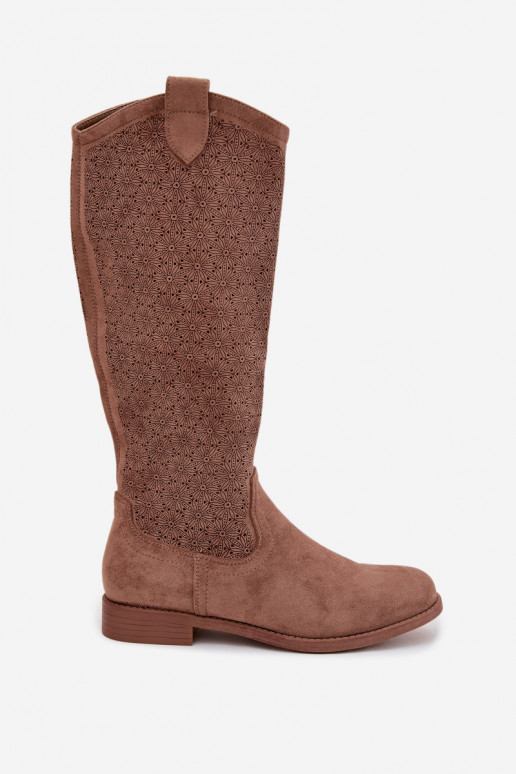 dameslaarzen met opengeInerkte elementen met brede hakken S.Barski HY61-8022 bruine kleur