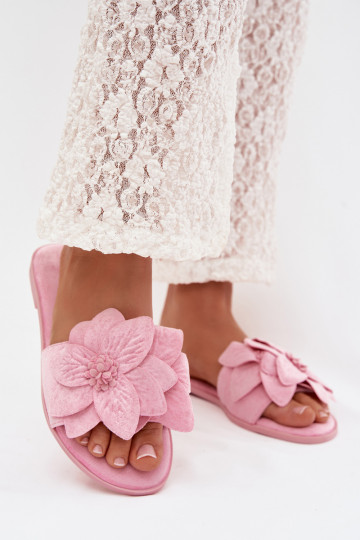 Roze kleur dames platte slippers met bloemenmotief Elzoria 2