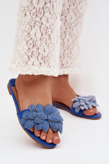 Slippers Dames plat Met Decoratie donkerblauIn Grelora 2