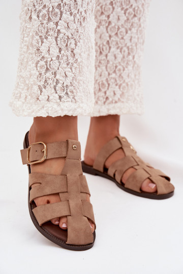 Zand kleur dames slippers met brede hakken en gouden bandjes met gespen Elzora 2