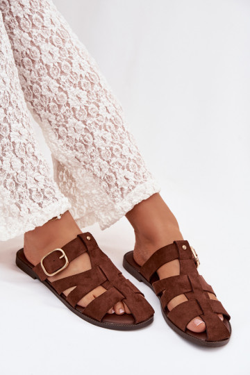 Bruin kleur dames slippers met brede hakken en gouden bandjes met gespen Elzora