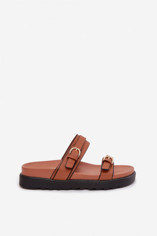 Damespantoffels met platform Met Strepen I gouden kleurmi met gespenmi bruine kleur Rirea