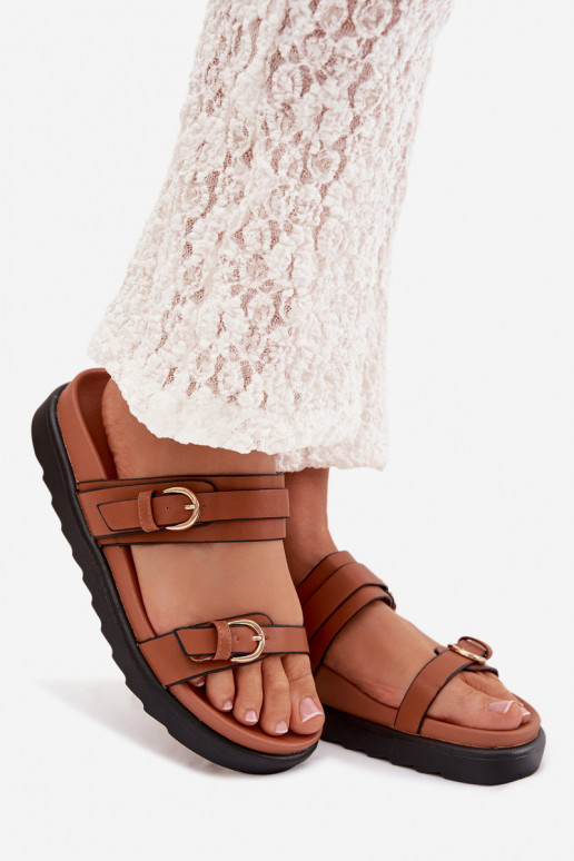 Damespantoffels met platform Met Strepen I gouden kleurmi met gespenmi bruine kleur Rirea