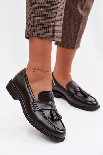 Dames mocassins van kunstleer met kwasten zwarte kleur Galera