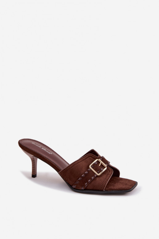 Damespantoffels met dunne hakken met riemen I Złotą met gespen CzekoladoIne Jelira