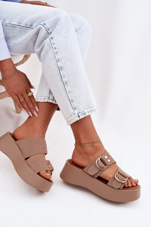 Damespantoffels met platform Ze gouden kleurmi met gespenmi beige Nelirae