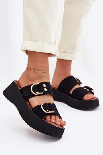 Vrouwen slippers met platform en gouden gespen in zwarte kleur Nelirae 2