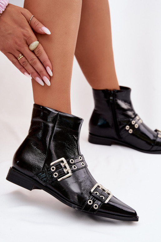 met lakeffect Dameslaarzen met brede hakken Met Strepen I met gespenmi zInart Hamira