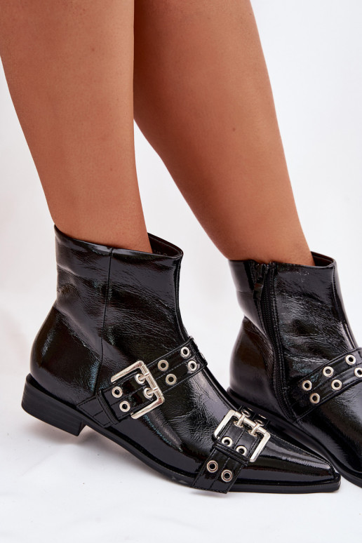 met lakeffect Dameslaarzen met brede hakken Met Strepen I met gespenmi zInart Hamira