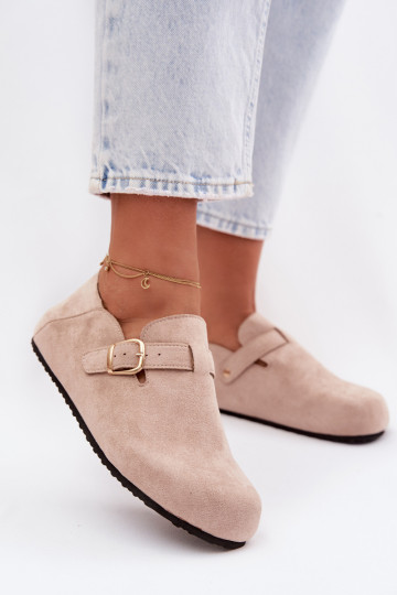Dames schoenen van kunstleer met gouden gespen in zandkleur Ismora