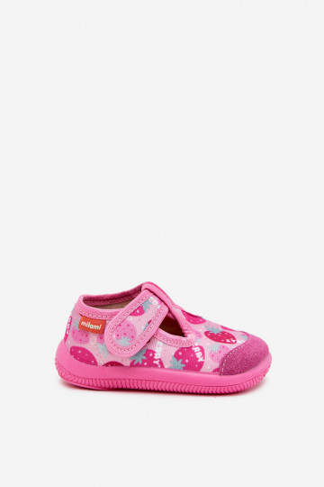 Kinderslippers Milami met klittenbandsluitingen aardbeiroze kleur Ambette 2