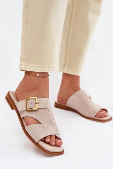 Dames suède slippers met brede hakken en gespen Big Star TT274476 zandkleur 2