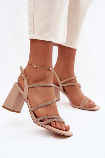 Dames hoge hak sandalen met bandjes en zirconia zandkleur Brelia