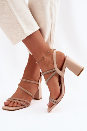 Dames hoge hak sandalen met bandjes en zirconia zandkleur Brelia 2
