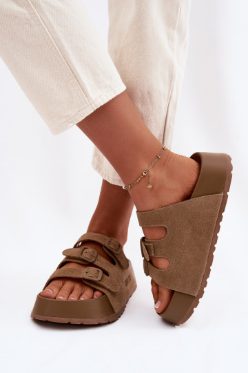 Damespantoffels met platform Met Strepen Big Star TT274530 bruine kleur