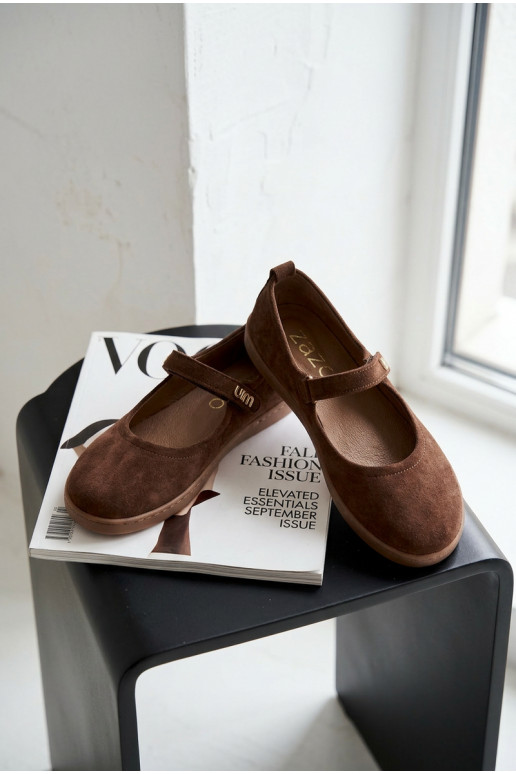 Leer Ballerinas van suède Barefoot met riemen Zazoo 10206 CzekoladoIne