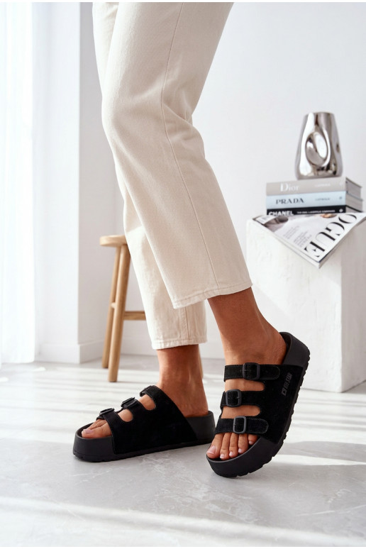 Big Star TT274531 dames slippers met plateau en bandjes in zwart