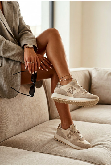Leren suède dames sneakers met platform Kobbo 100103 zandkleur