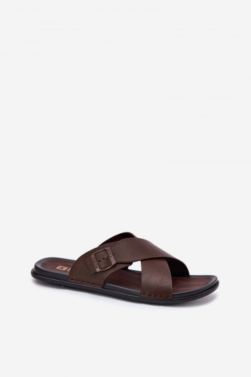 Leren heren slippers met gespen Big Star RR174077 bruine kleur
