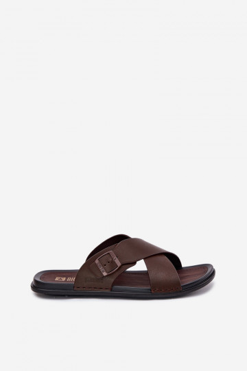 Leren heren slippers met gespen Big Star RR174077 bruine kleur 2