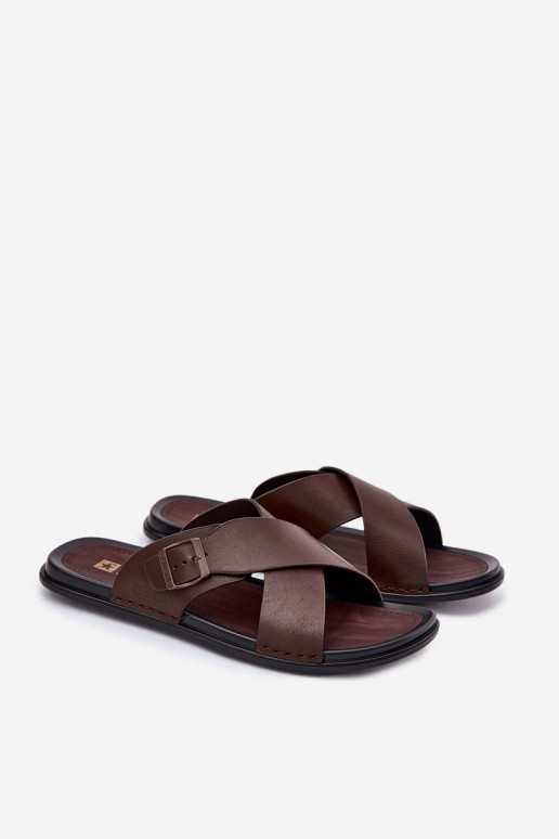 Leren pantoffels voor mannen met gespen Big Star RR174077 bruine kleur