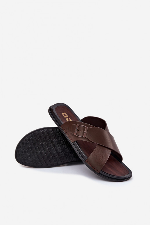 Leren pantoffels voor mannen met gespen Big Star RR174077 bruine kleur