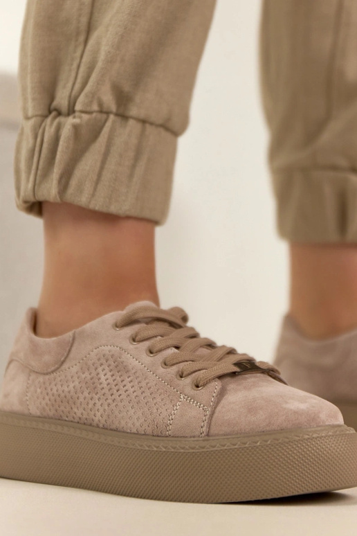Beige leren sneakers met platform...