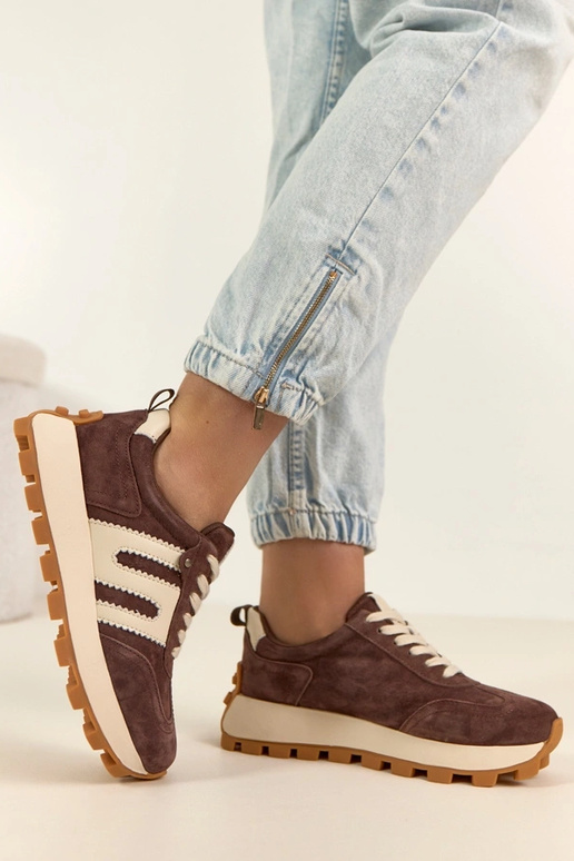 Chocoladekleurige leren sneakers met...