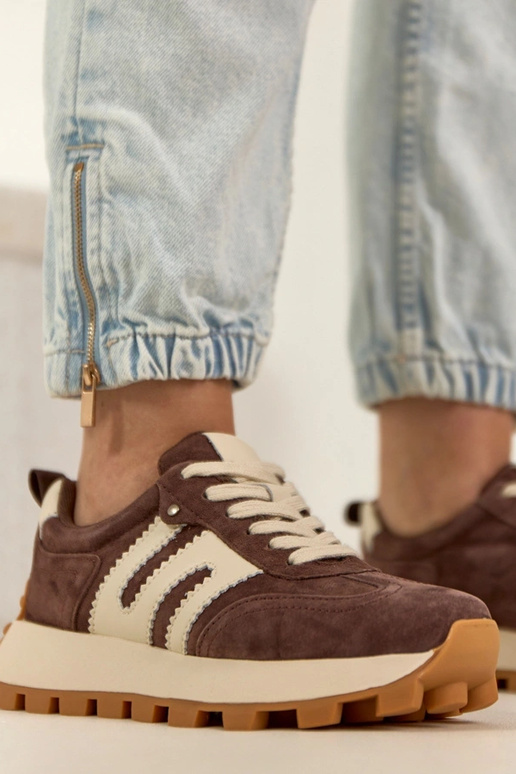 Chocoladekleurige leren sneakers met...
