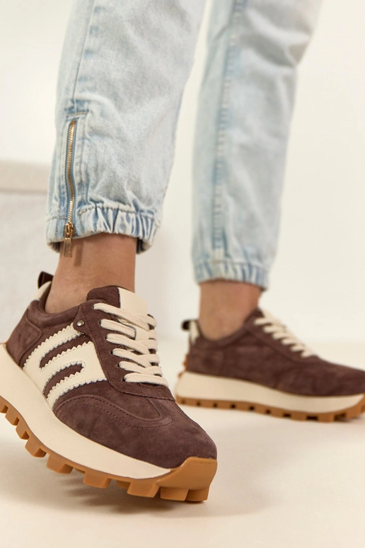 Chocoladekleurige leren sneakers met...